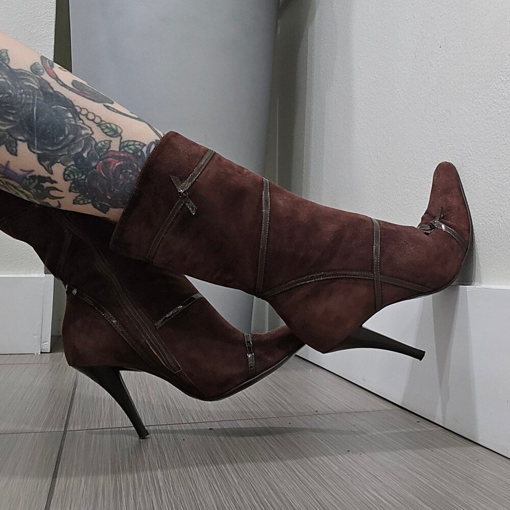 BCBG Paris โฆ Brown Suede Heeled Boots โฆ Stiletto Zipper Strap Detail Size 8 - Picture 2 of 16